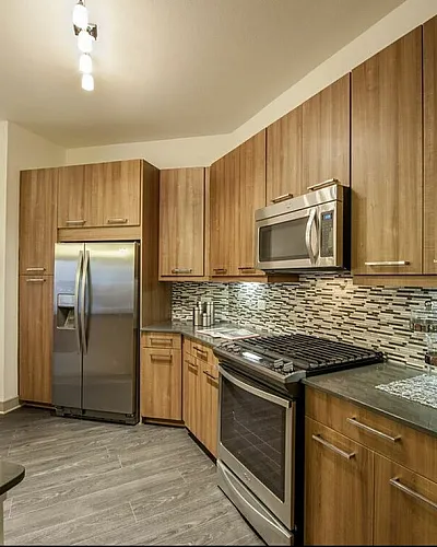 Contemporary kitchen featuring sleek stainless steel appliances, elegant wood cabinetry, and stylish tile backsplash.