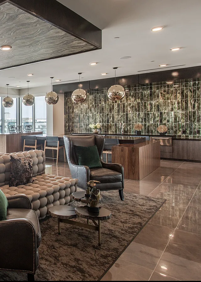 Luxurious modern lounge with panoramic city views, featuring elegant seating, chic decor, and a stylish open-concept design.