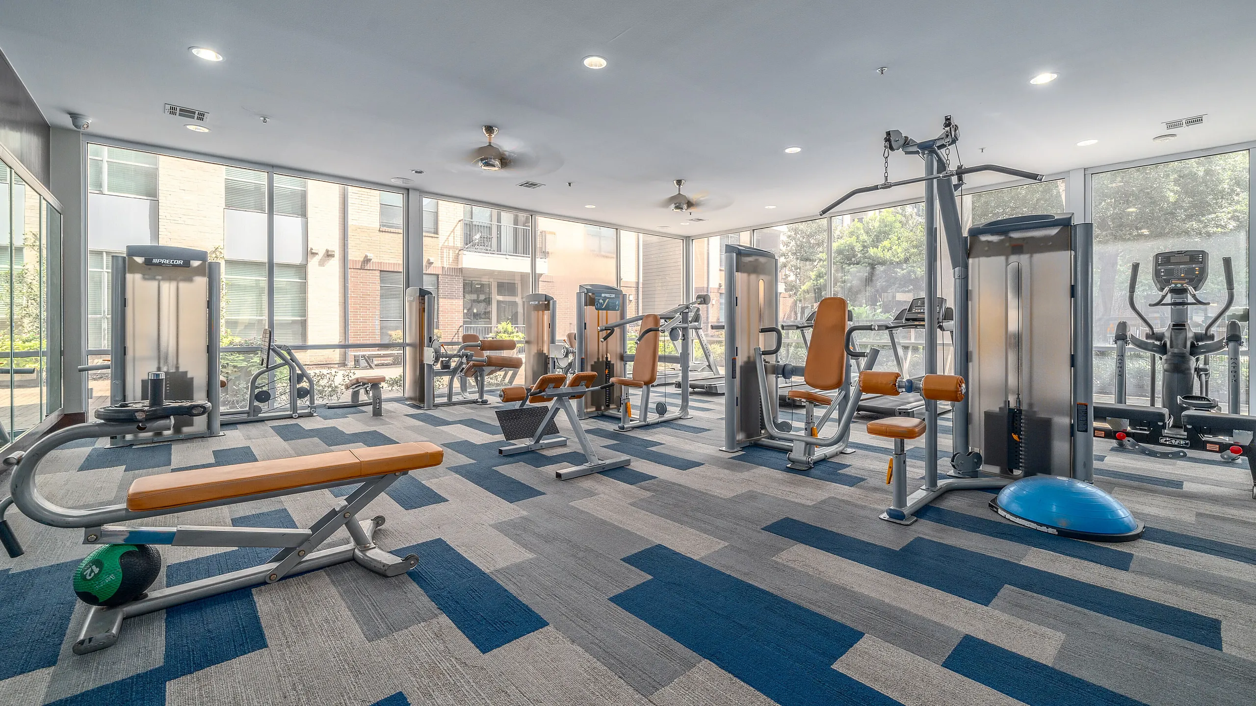 Bright and modern fitness center featuring state-of-the-art exercise equipment, expansive windows, and stylish flooring.