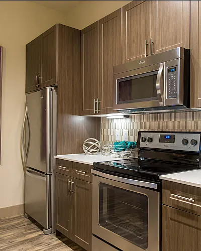 Contemporary kitchen with sleek stainless steel appliances, elegant wooden cabinets, and vibrant artwork, exuding modern sophistication.
