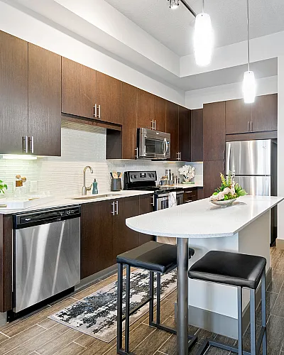 Contemporary kitchen with sleek dark wood cabinets, stainless steel appliances, and elegant pendant lighting over a modern island.