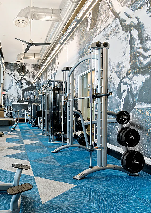 Contemporary fitness center with state-of-the-art equipment, vibrant blue flooring, and artistic wall mural.