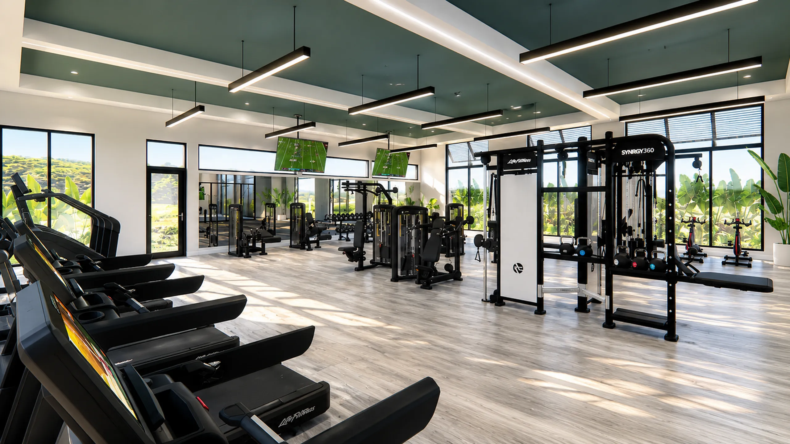 Bright, spacious gym with modern equipment, large windows offering scenic views, and sleek design elements.