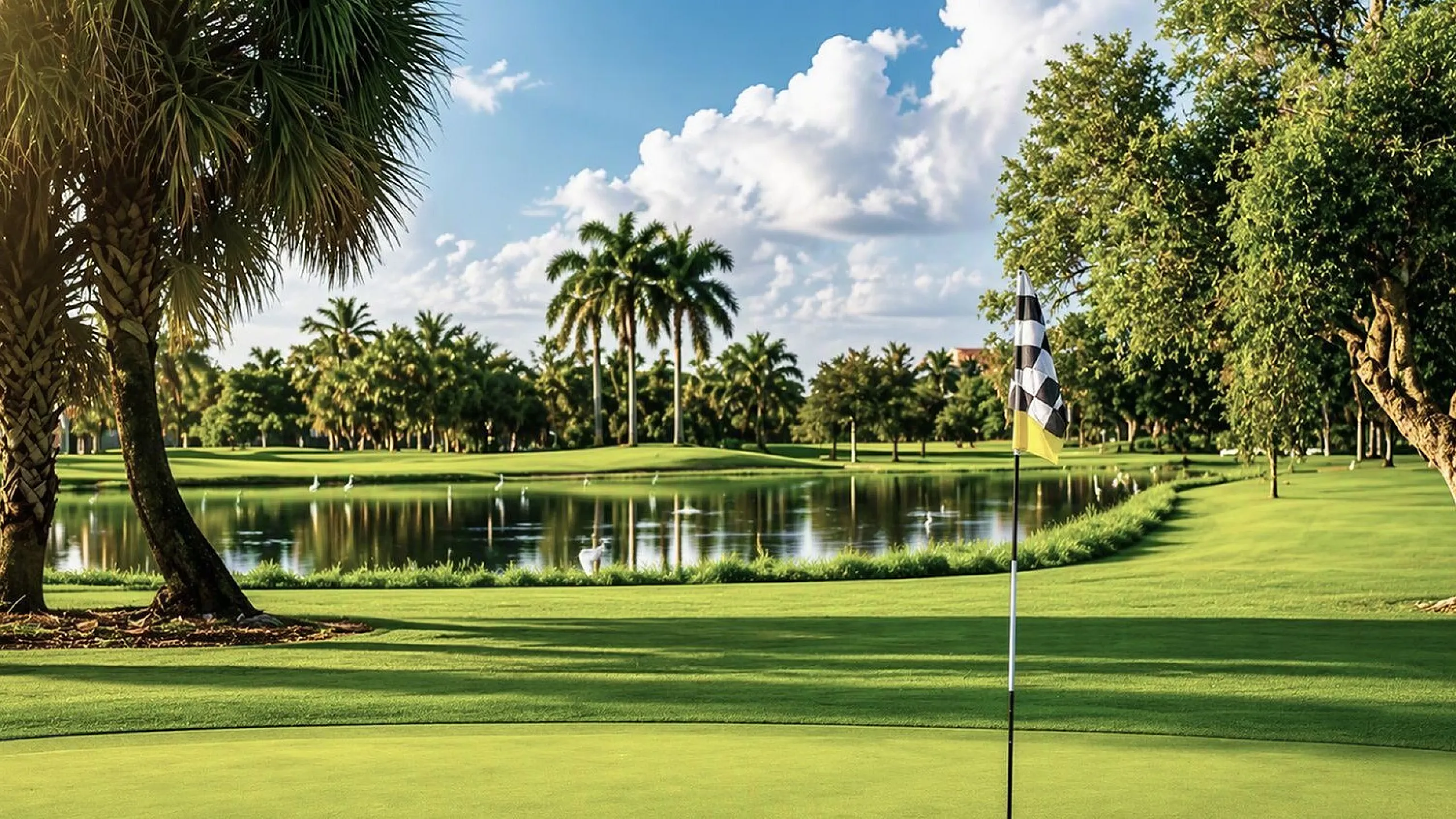 Golf course green with pond, flagstick, and palm trees near Pompano Beach