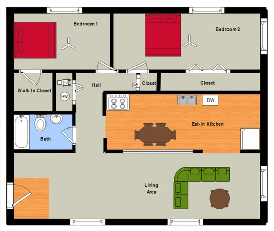 2 Bed Eat-In Kitchen Floor Plan