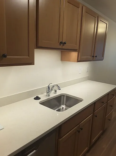 Modern kitchen with sleek countertops, elegant wooden cabinets, and a stainless steel sink.