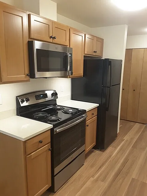 Modern kitchen with sleek black appliances, elegant wood cabinetry, and chic laminate flooring.