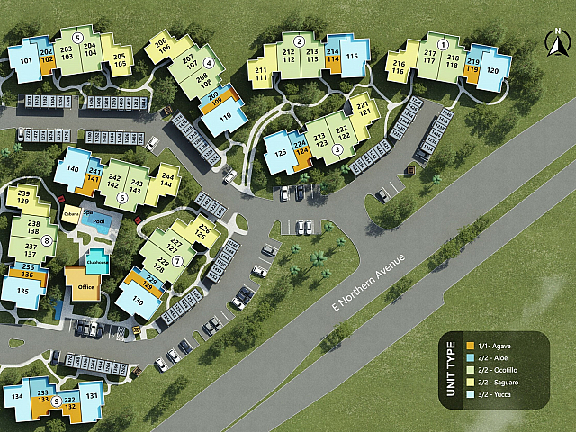 Inviting apartment complex map showcasing diverse unit types with lush greenery, a pool, and ample parking, promising a vibrant lifestyle.