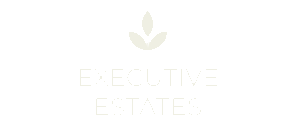 Elegant Executive Estates logo featuring a minimalist leaf design, symbolizing sophistication and modern living.