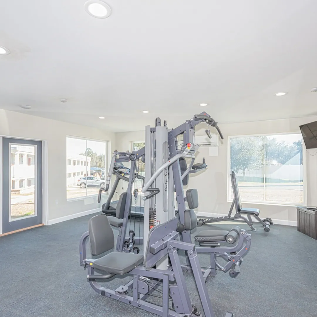Bright and airy fitness center with state-of-the-art gym equipment, large windows, and natural light for an invigorating workout experience.