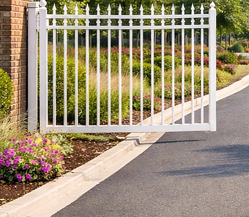 Elegant gated entrance surrounded by lush greenery and vibrant flowers, offering a welcoming and secure entryway to a premium community.