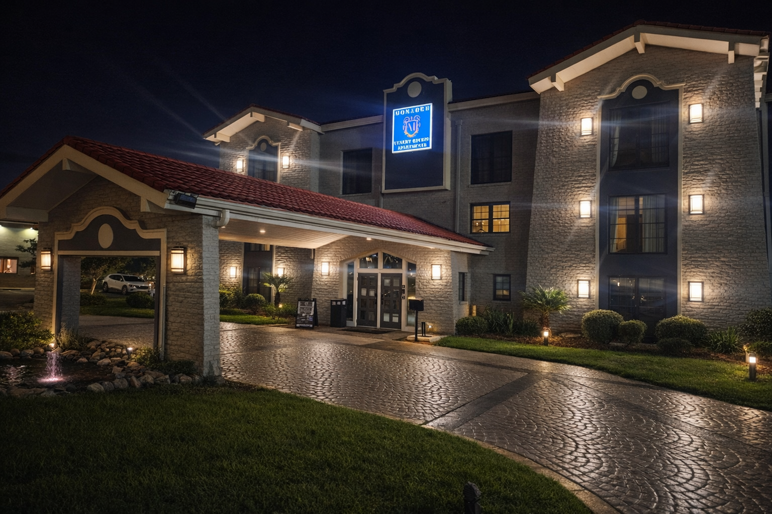 Elegant hotel exterior at night, featuring brick facade and warm lighting, with inviting landscaped entrance.