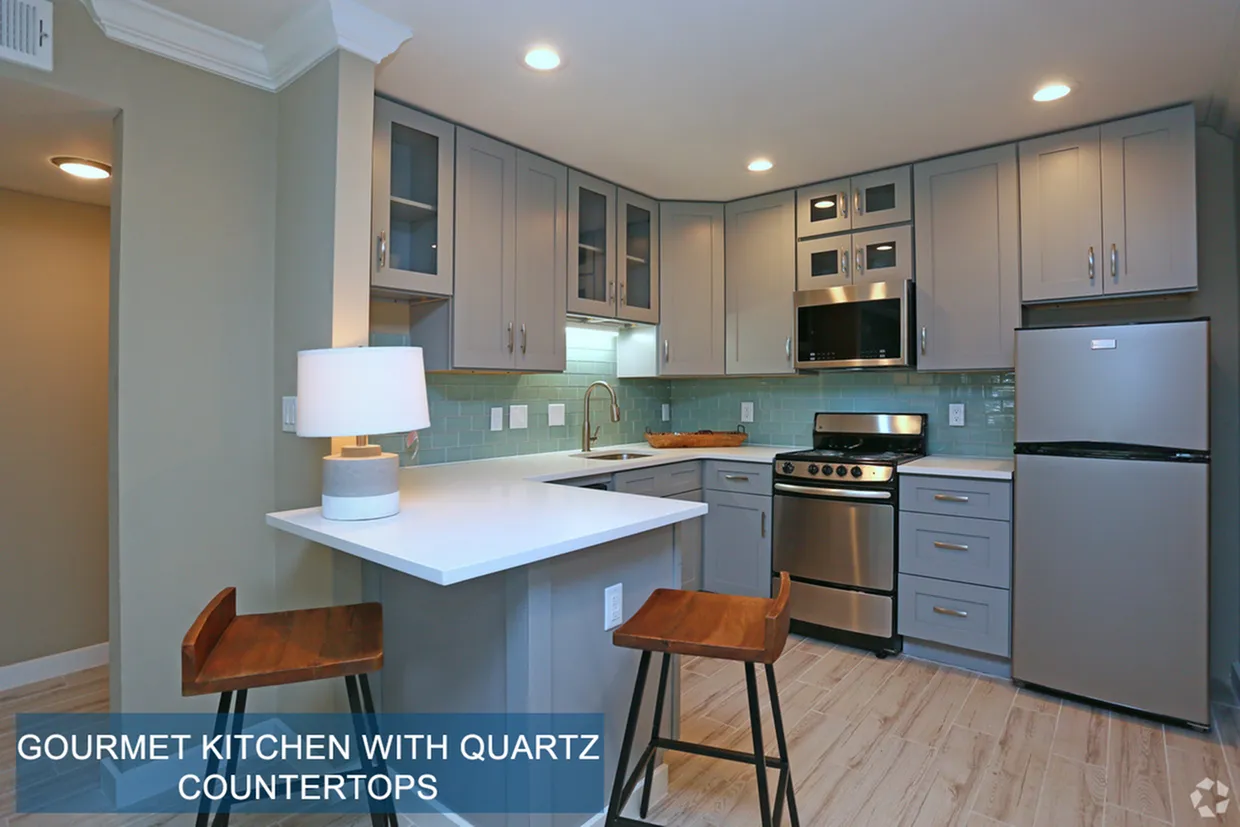 Chic and modern kitchen featuring gourmet quartz countertops, stainless steel appliances, and stylish cabinetry with a breakfast bar.