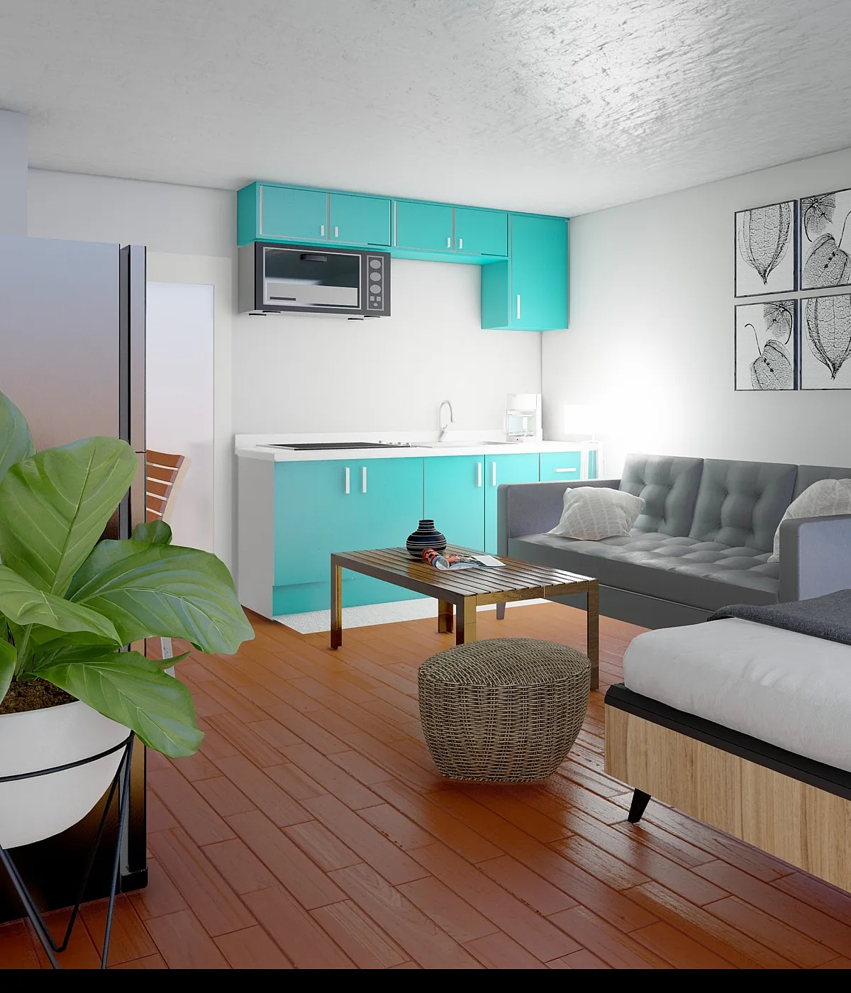 Chic studio apartment interior featuring a cozy bed, stylish teal kitchen cabinets, and modern d&eacute;cor with lush greenery.
