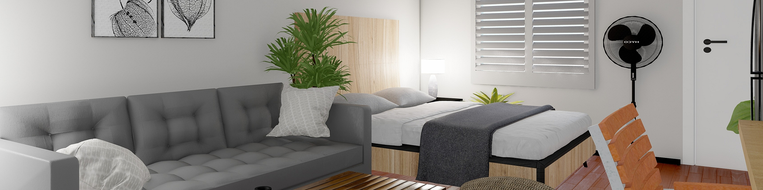 Modern studio apartment interior with cozy gray couch, chic wooden coffee table, stylish artwork, and inviting bed under soft natural light.