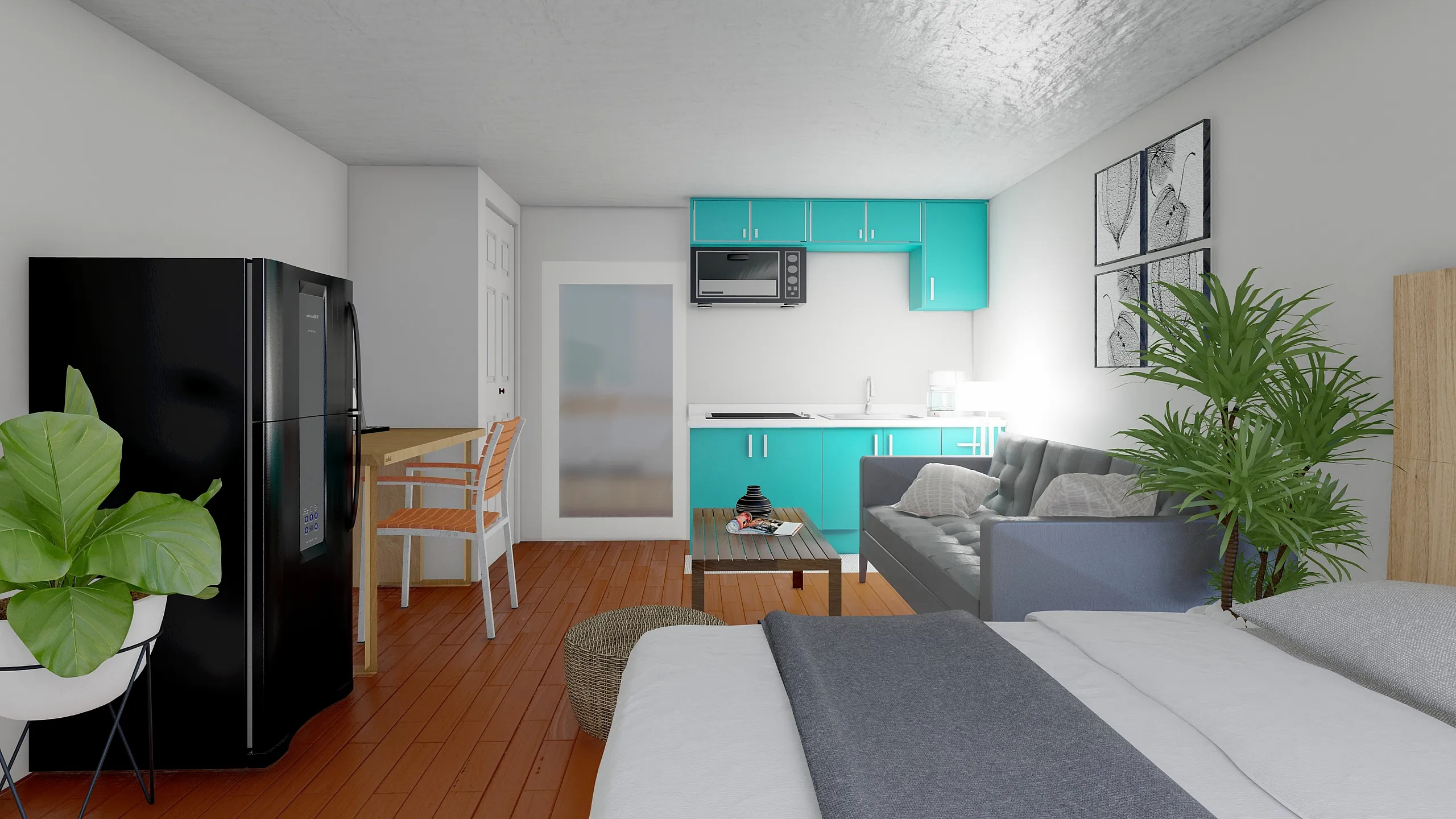 Cozy modern studio apartment featuring a chic open kitchen with turquoise cabinets, a comfortable living area with a stylish gray sofa, and vibrant plants for a refreshing ambiance.