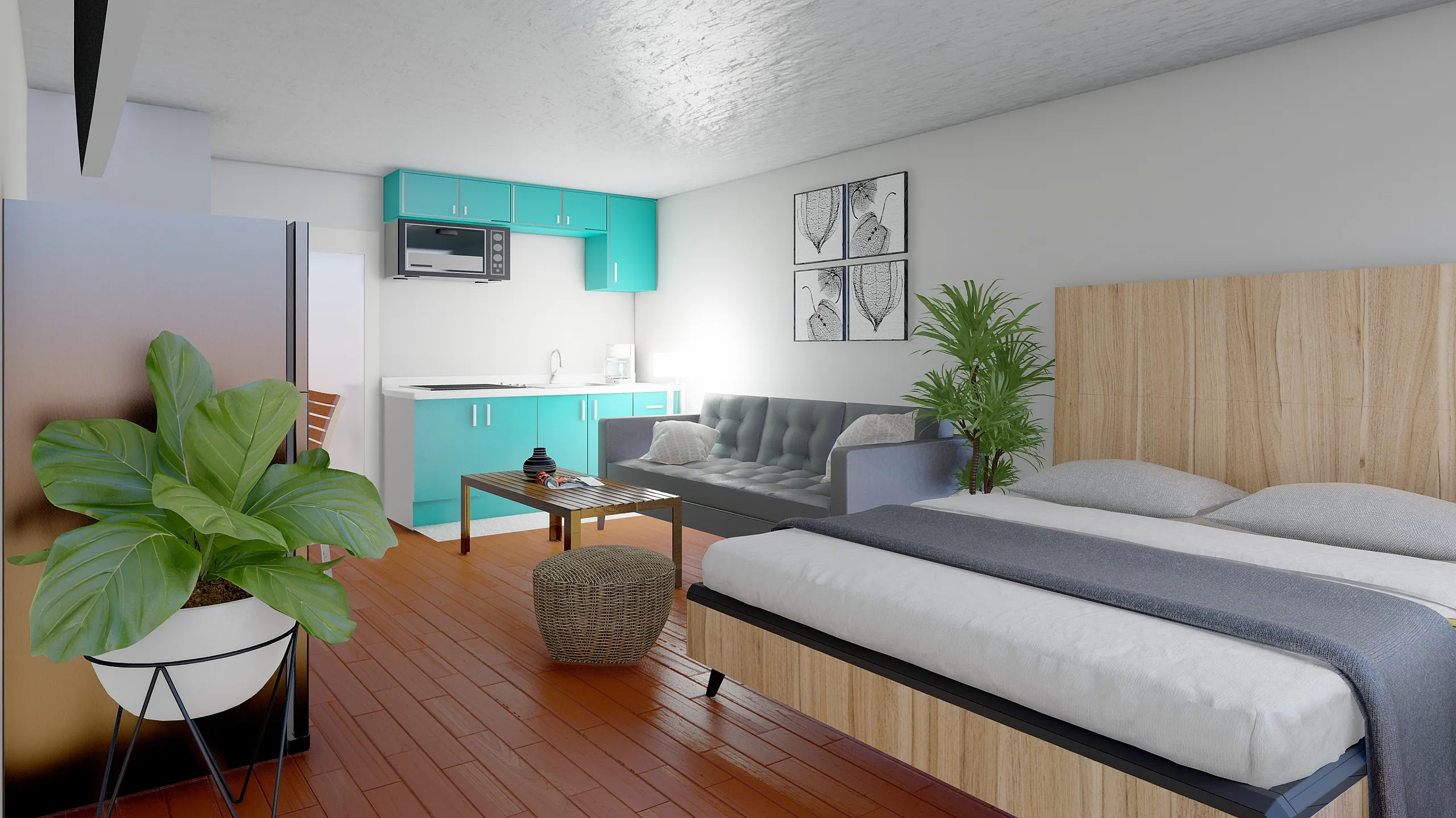 Modern studio apartment with vibrant turquoise kitchen, cozy bedroom, and stylish living area featuring lush plants and chic decor.
