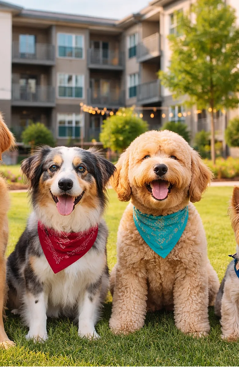 Charming apartment community featuring a spacious green lawn with four happy dogs basking in the sun, showcasing a pet-friendly environment.
