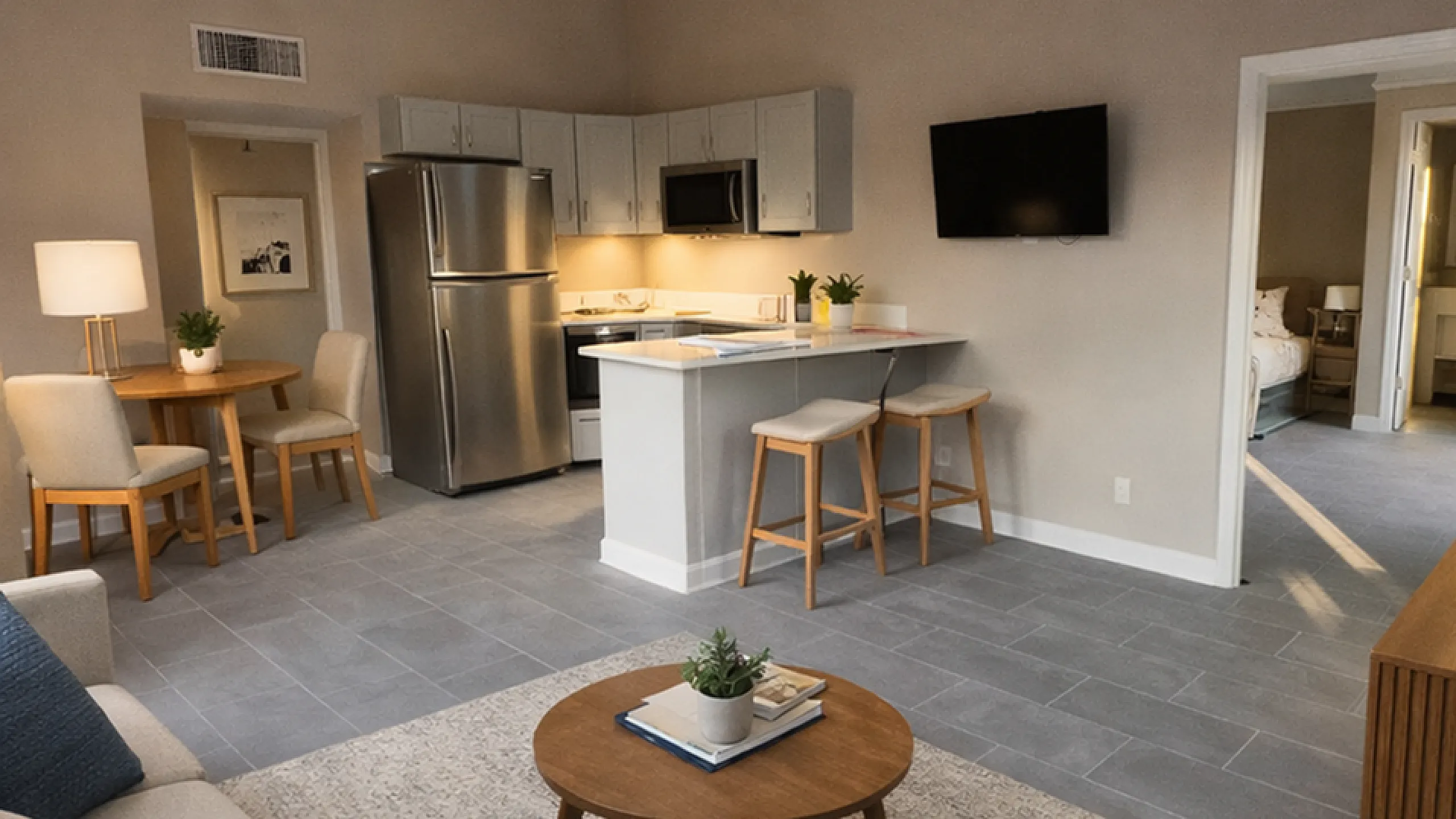 Inviting open-concept living area with modern kitchen, cozy dining space, and elegant furnishings, perfect for relaxation and entertainment.