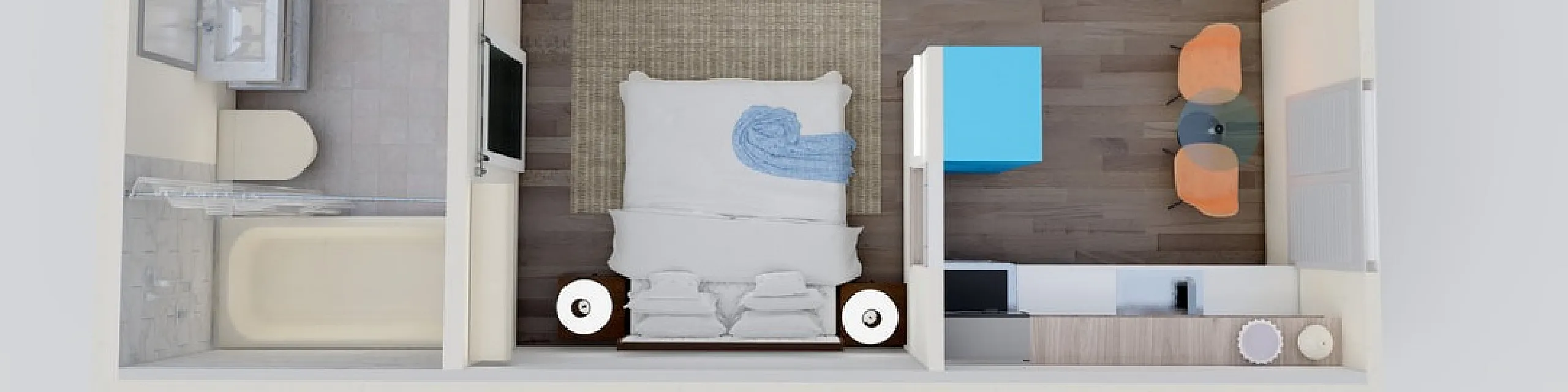Modern 2D floor plan highlighting a cozy bedroom, elegant bathroom, and a chic workspace area with stylish furniture.