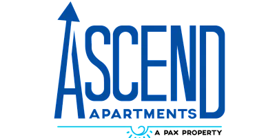 Elegant Ascend Apartments logo in bold blue, suggesting modern and upscale living.