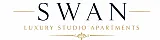 Elegant logo for Swan Luxury Studio Apartments featuring a graceful swan in white and gold against a navy background.
