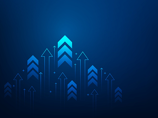Dynamic digital illustration of upward arrows symbolizing growth and progress on a sleek blue background.