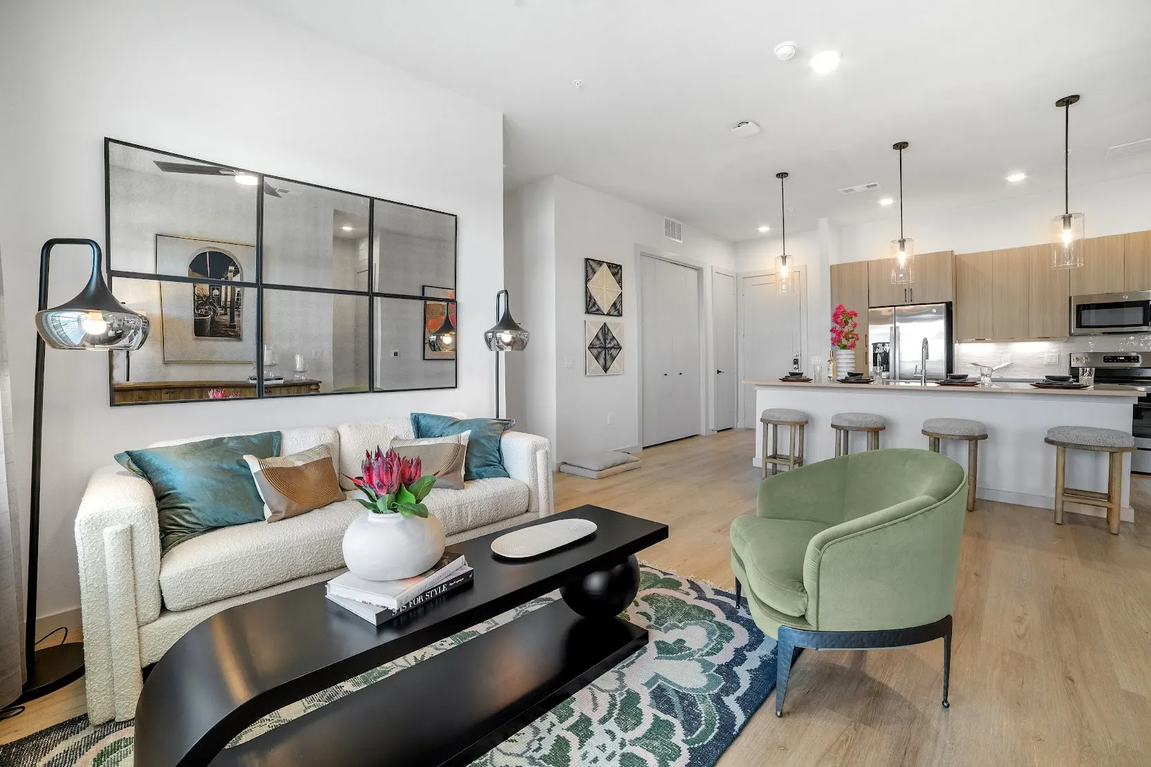 Woodruff B open-concept living room, kitchen, and full size washer and dryer