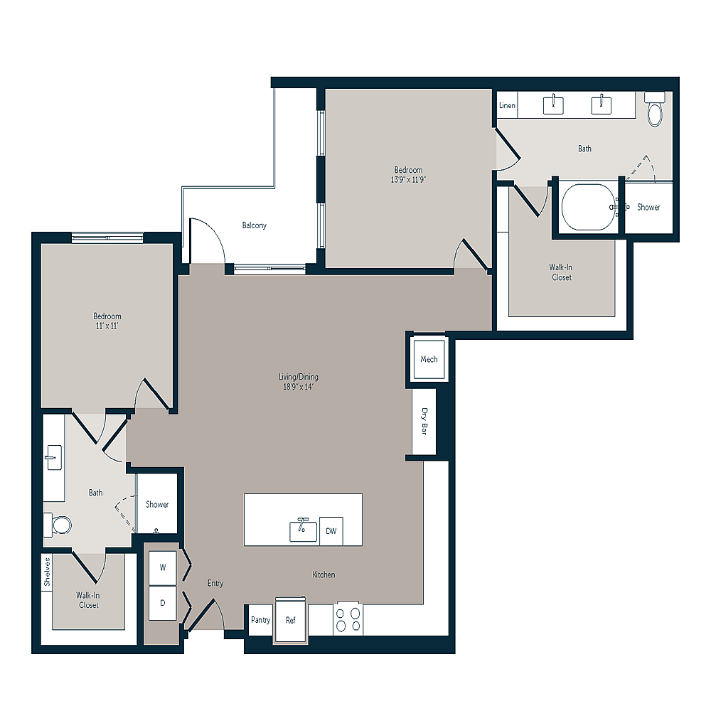 Modern floor plan featuring 2 bedrooms, open living/dining area, spacious kitchen with island, 2 baths, and a cozy balcony.