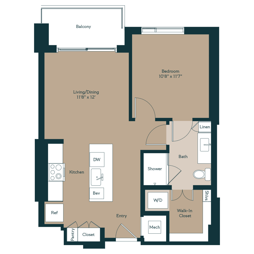 Open concept great room with balcony, washer/dryer and walk-in closet