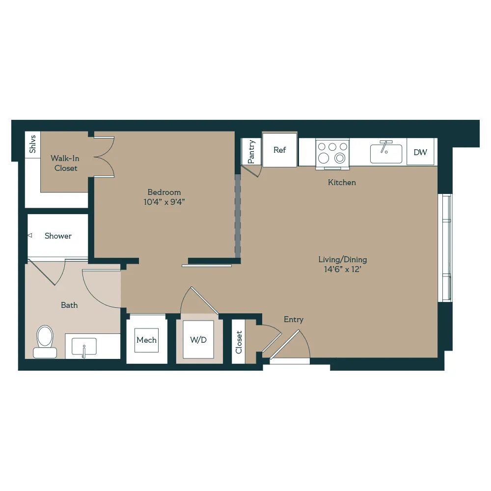 Open concept, walk-in closet, washer/dryer