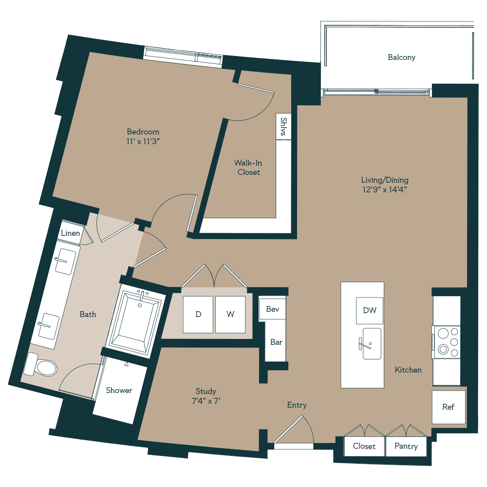 Modern apartment floor plan featuring a spacious bedroom, open-plan living and dining area, a study, and a large balcony. Includes a walk-in closet, well-equipped kitchen, and luxurious bath with shower.