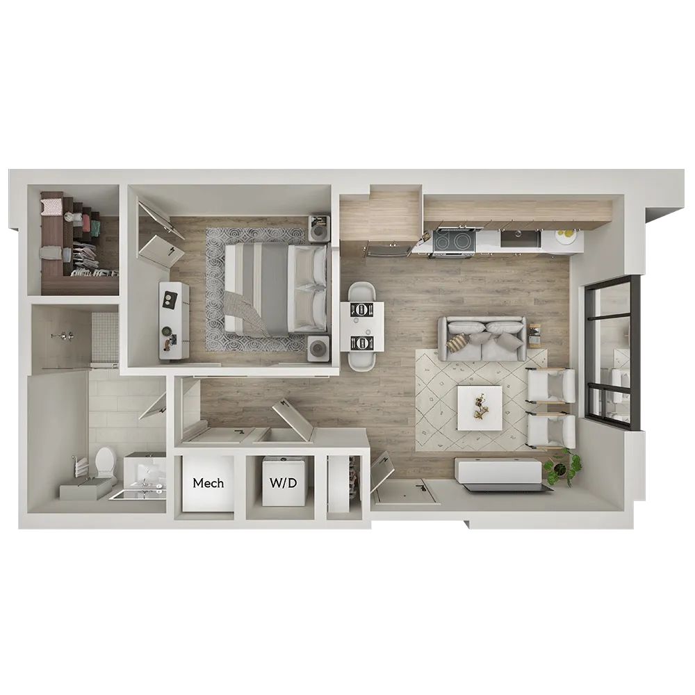 Modern floor plan showcasing a one-bedroom apartment with open-concept kitchen and living area, stylish bathroom, and convenient walk-in closet.