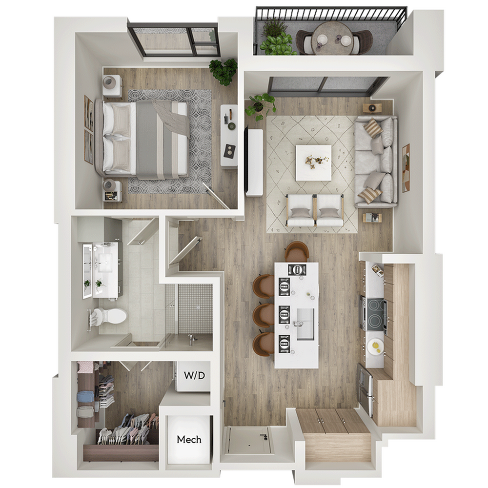 Contemporary floor plan showcasing a cozy one-bedroom apartment with a stylish open-concept living and dining area, modern kitchen, and private balcony.