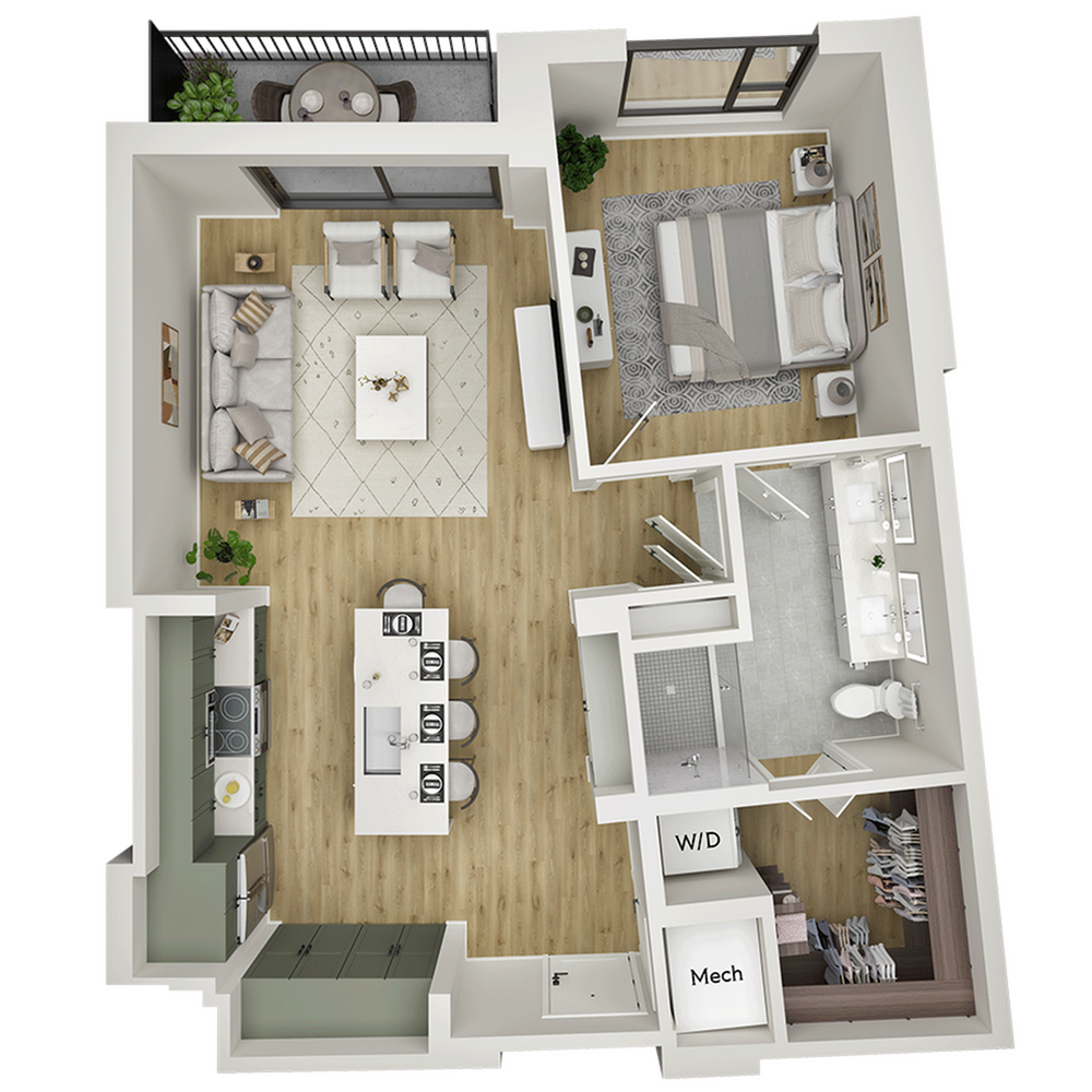 Modern and elegant one-bedroom apartment floor plan with open-concept living area, spacious kitchen island, luxurious bathroom, and private balcony space.