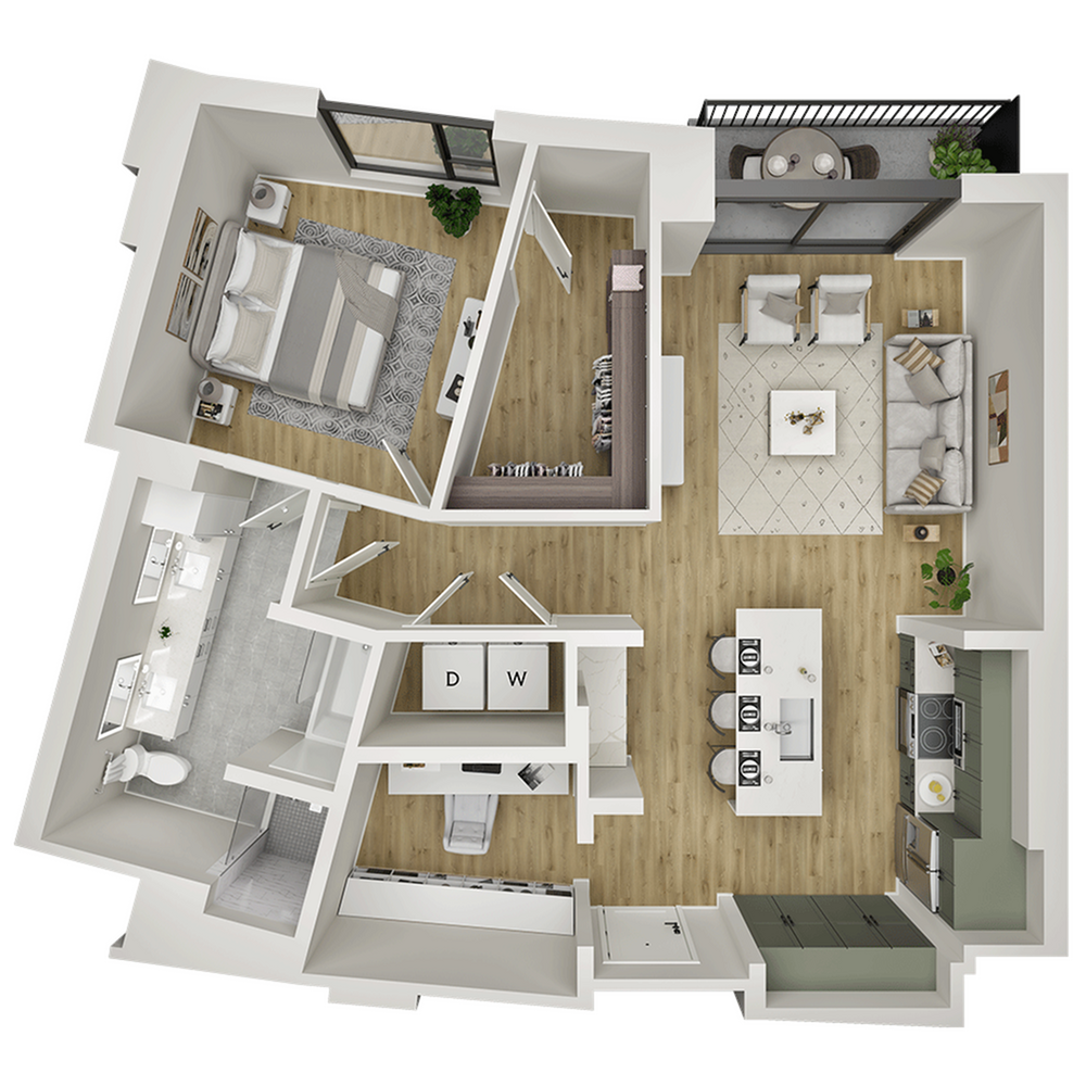 Contemporary floor plan showcasing 1 bedroom, modern kitchen, open living area, and elegant balcony space.