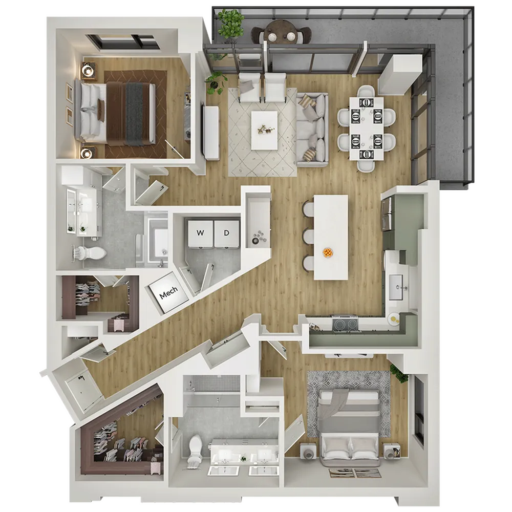 Modern floor plan showcasing two bedrooms, spacious open-concept living and dining area, sleek kitchen with an island, and two stylish bathrooms, complemented by a cozy balcony for outdoor enjoyment.