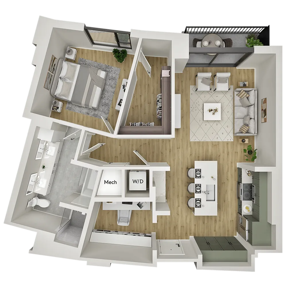 Modern floor plan showcasing an open-concept living area, chic kitchen with island, spacious bedroom, and stylish bathroom. Includes a balcony and in-unit laundry.