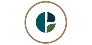 Elegant logo featuring a circular design with teal and green geometric elements, encircled by a subtle brown border.