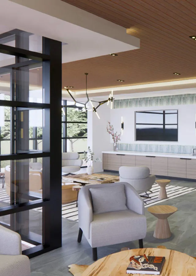 Modern living area with elegant seating, stylish wood accents, and abundant natural light, perfect for relaxation and entertainment.