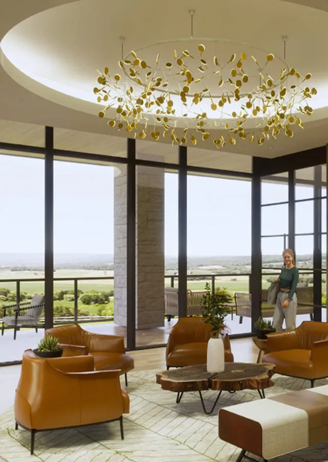 Elegant apartment lounge with luxurious leather seating, artistic chandelier, and floor-to-ceiling windows offering scenic views.