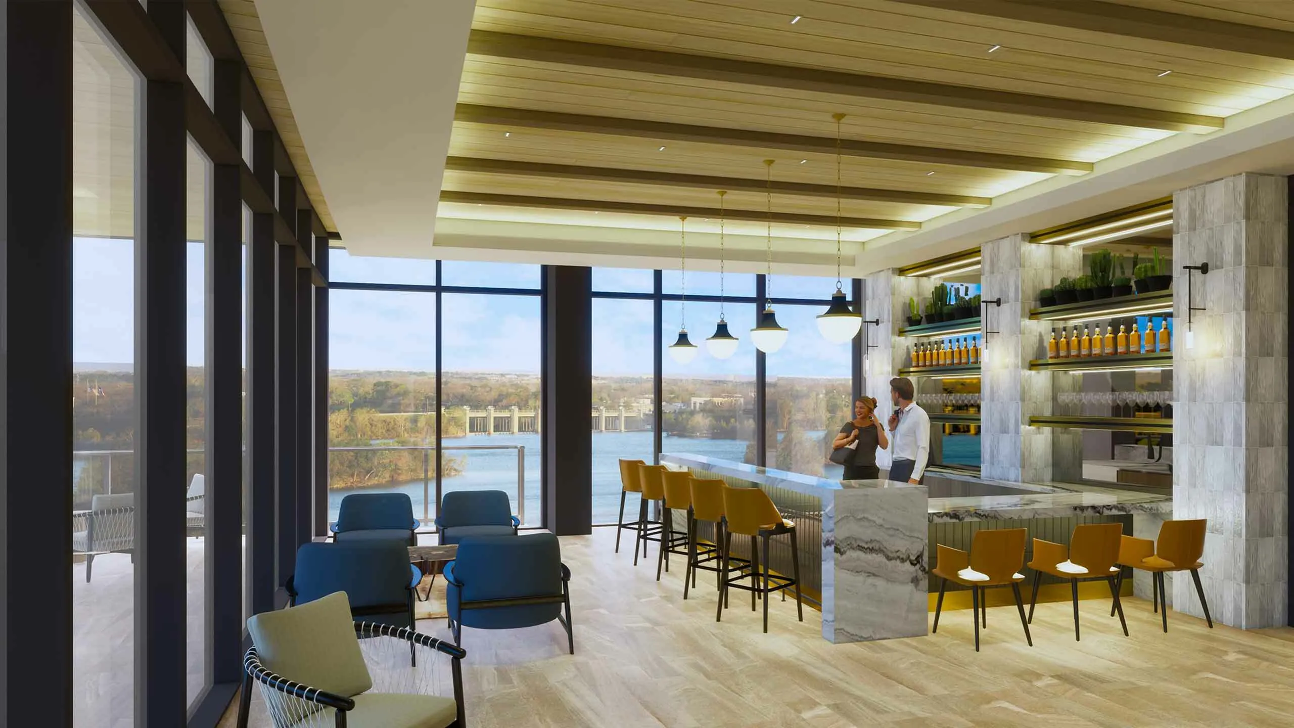 Luxurious lounge area featuring a stylish bar with modern seating and floor-to-ceiling windows offering breathtaking river views.
