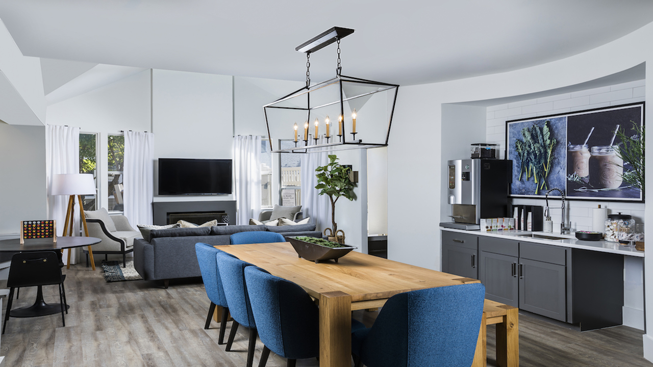 Redesigned clubhouse with coffee bar at the Autumn Columbia apartments.