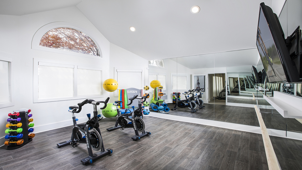 Cutting Edge Fitness Center with Floor to Ceiling Mirrors at Alister Galleria apartments.