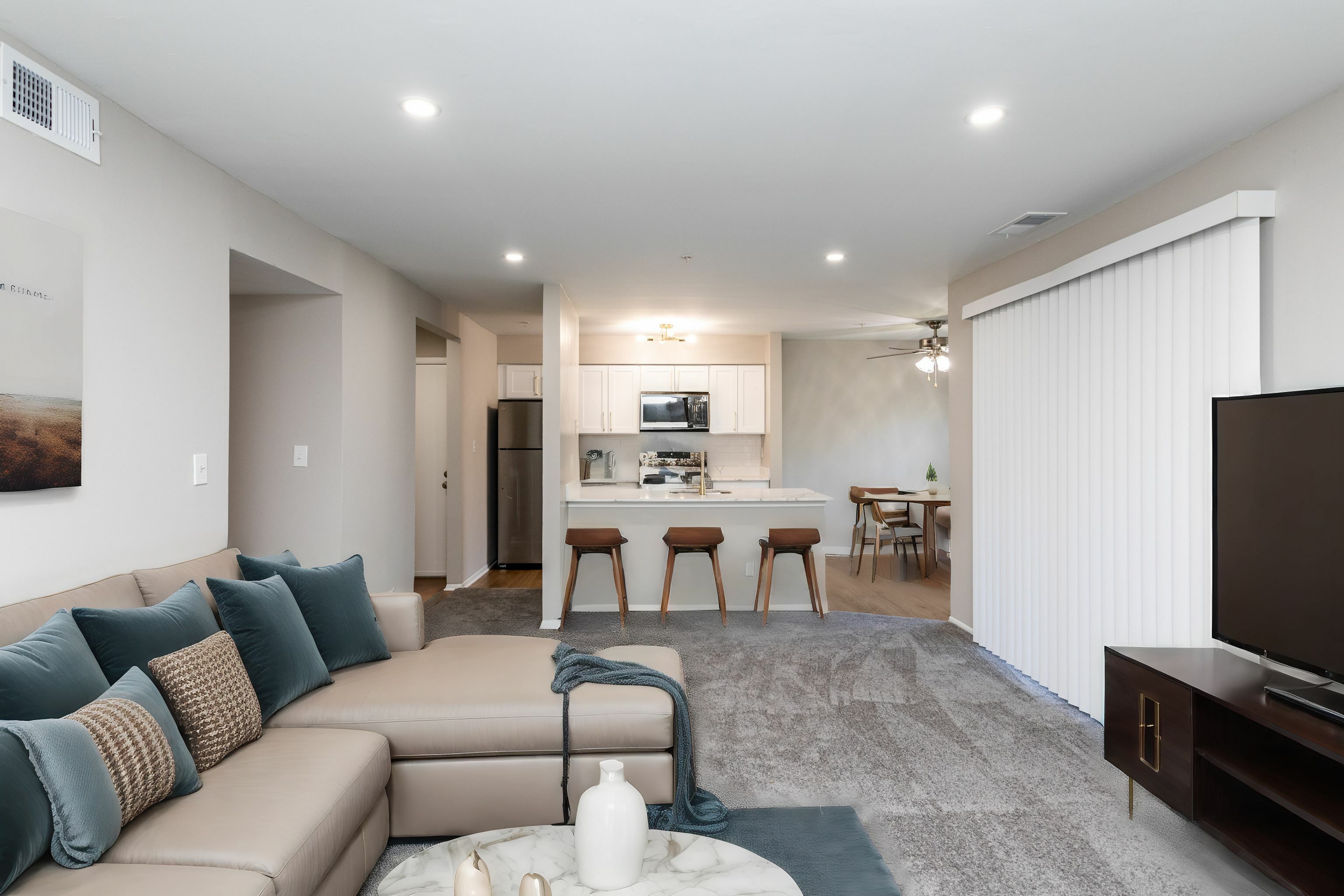 Open concept home Countertops and White Cabinetry at Autumn Town Center Columbia apartments.