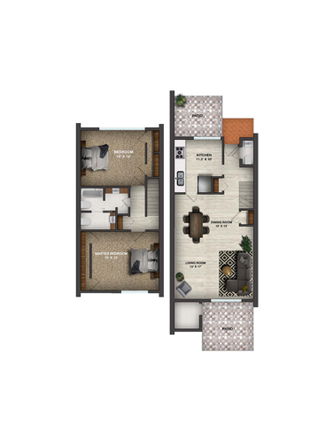 Floor plan layout for Valley Run 2 Bedroom Townhome Apartment 2 Floor