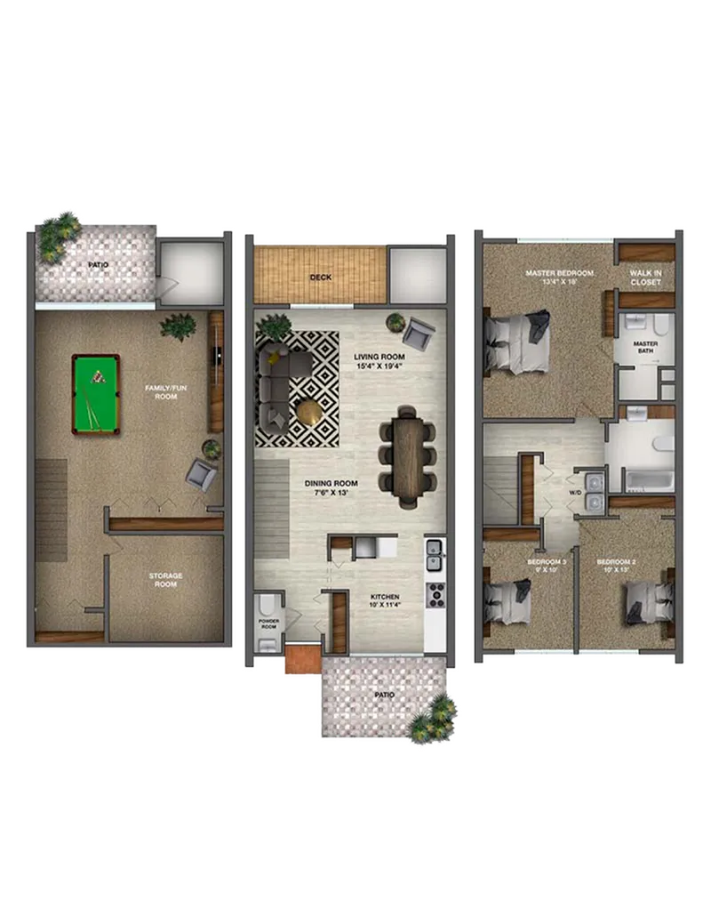 Floor Plan Layout of 3 Bedroom 3 Floor Townhome at Valley Run Apartments for Rent in Wilmington, Delaware