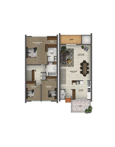 Floor Plan Layout for 3 Bedroom Townhome