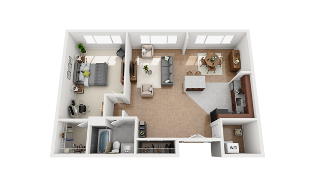 Floor Plan Layout for One Bedroom One Bathroom Apartment at the Falls at Roland Park in Baltimore, Maryland