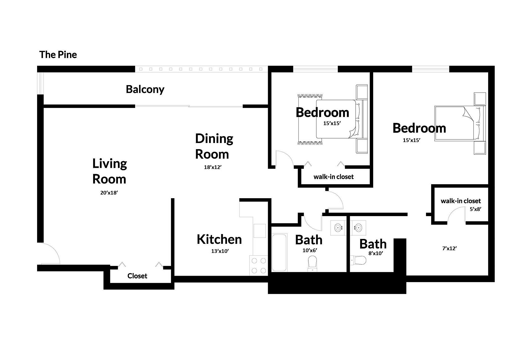Layout of The Pine Floorplan at Flora Park 2 bedroom 1.5 bathroom apartment for rent